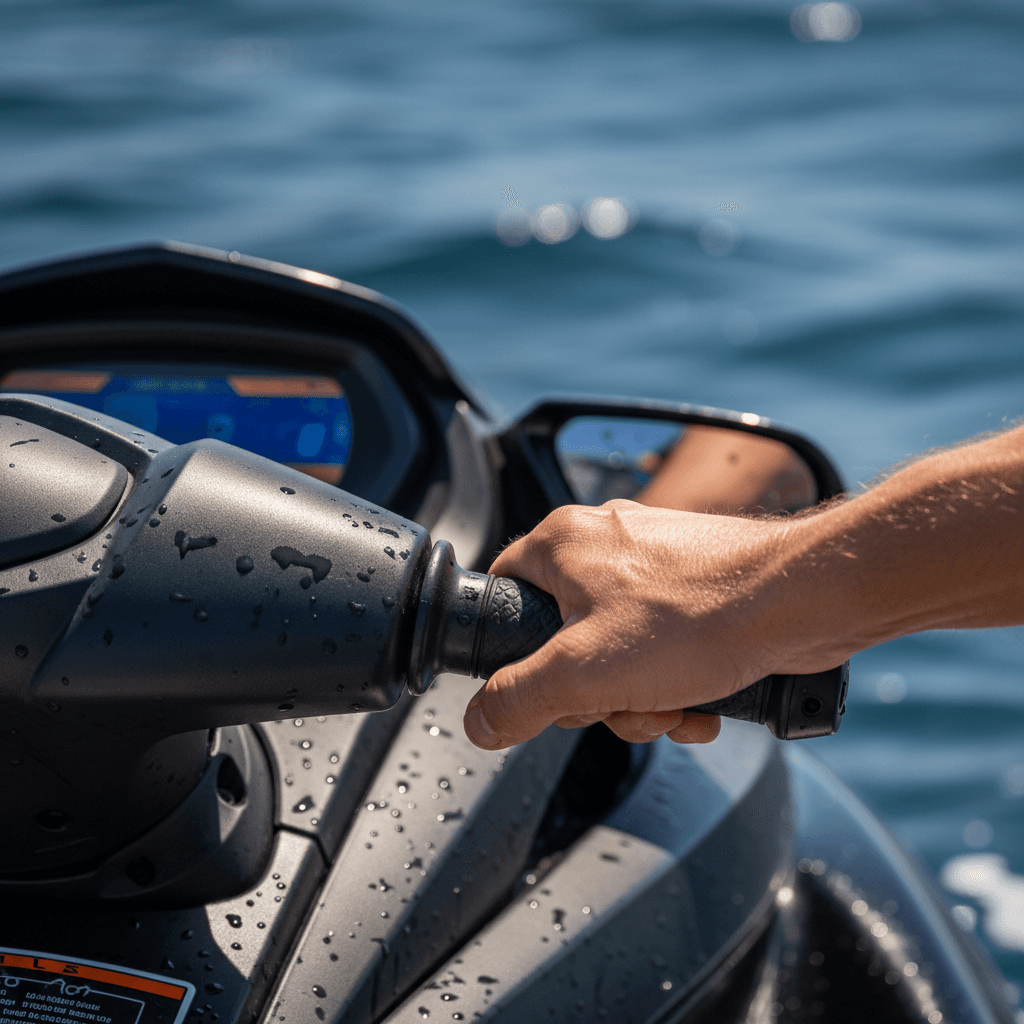 Close-up of jet ski handlebars and controls ready for rider
