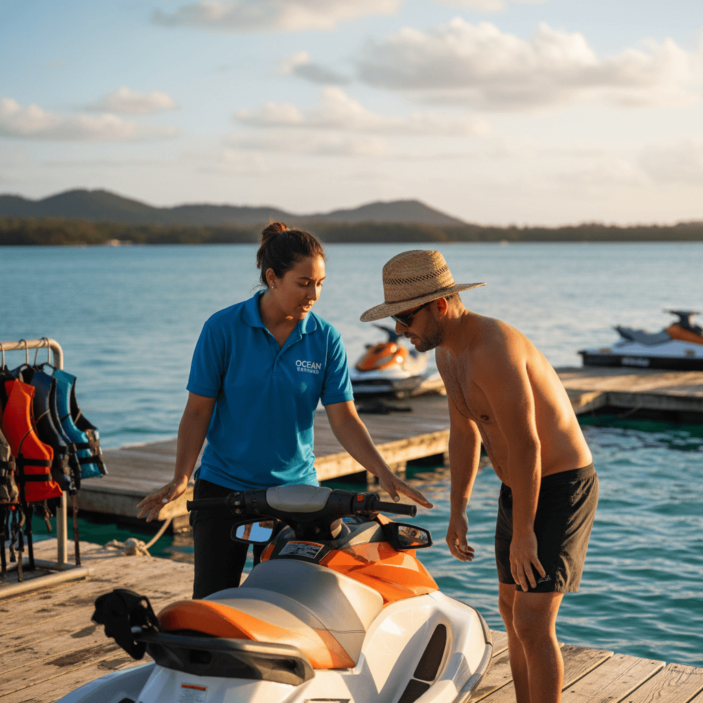 Rental operator providing pre-ride instruction to customer