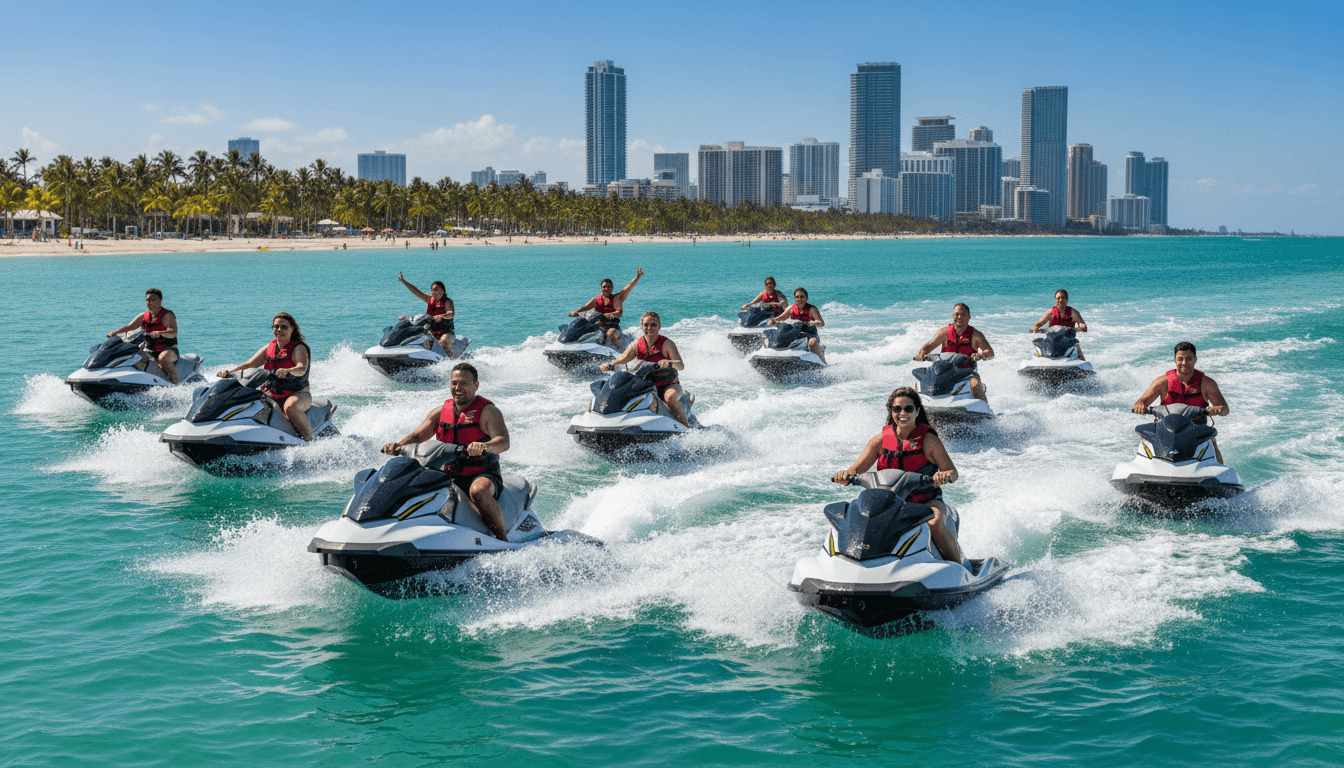 People enjoying jet skiing on Florida's clear waters under a sunny sky