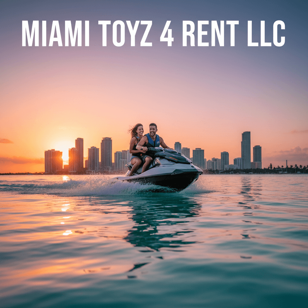Couple riding jet ski at sunset with Miami skyline in background