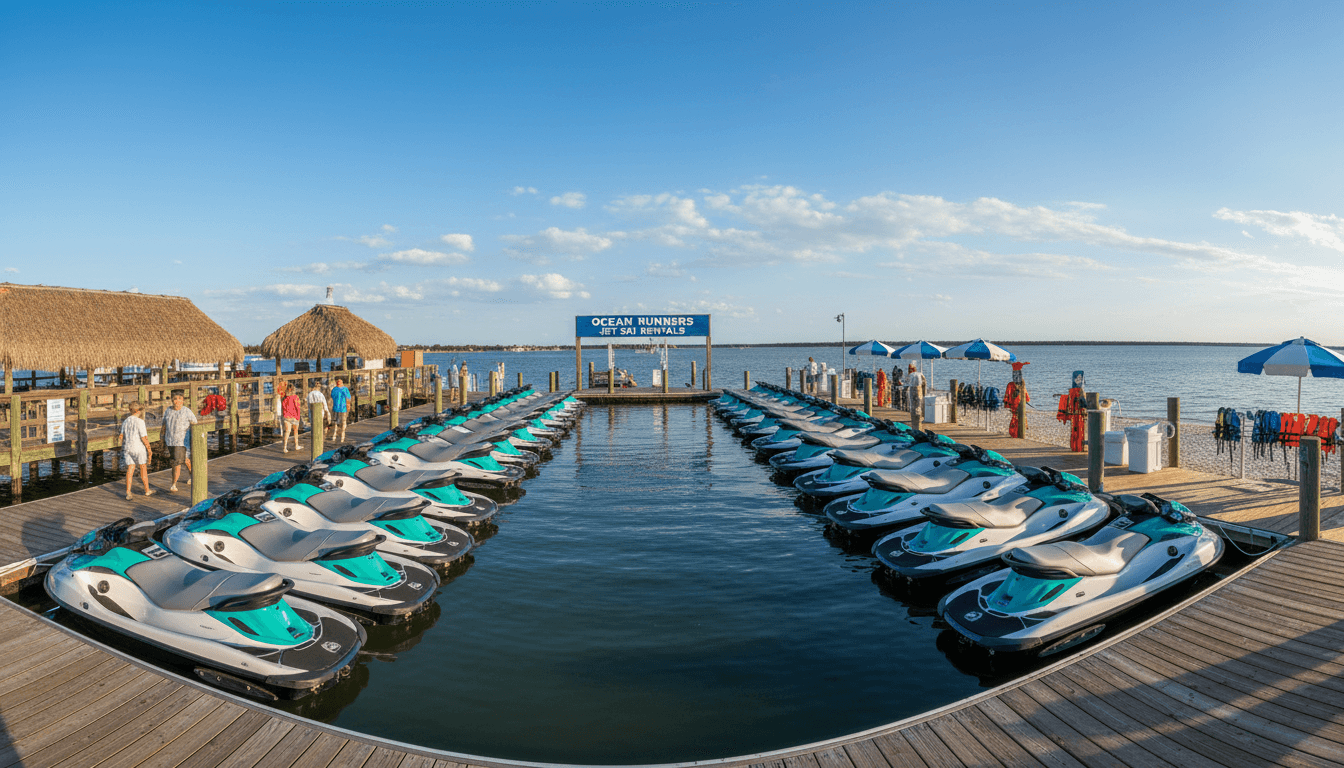 Rental dock area with multiple jet skis ready