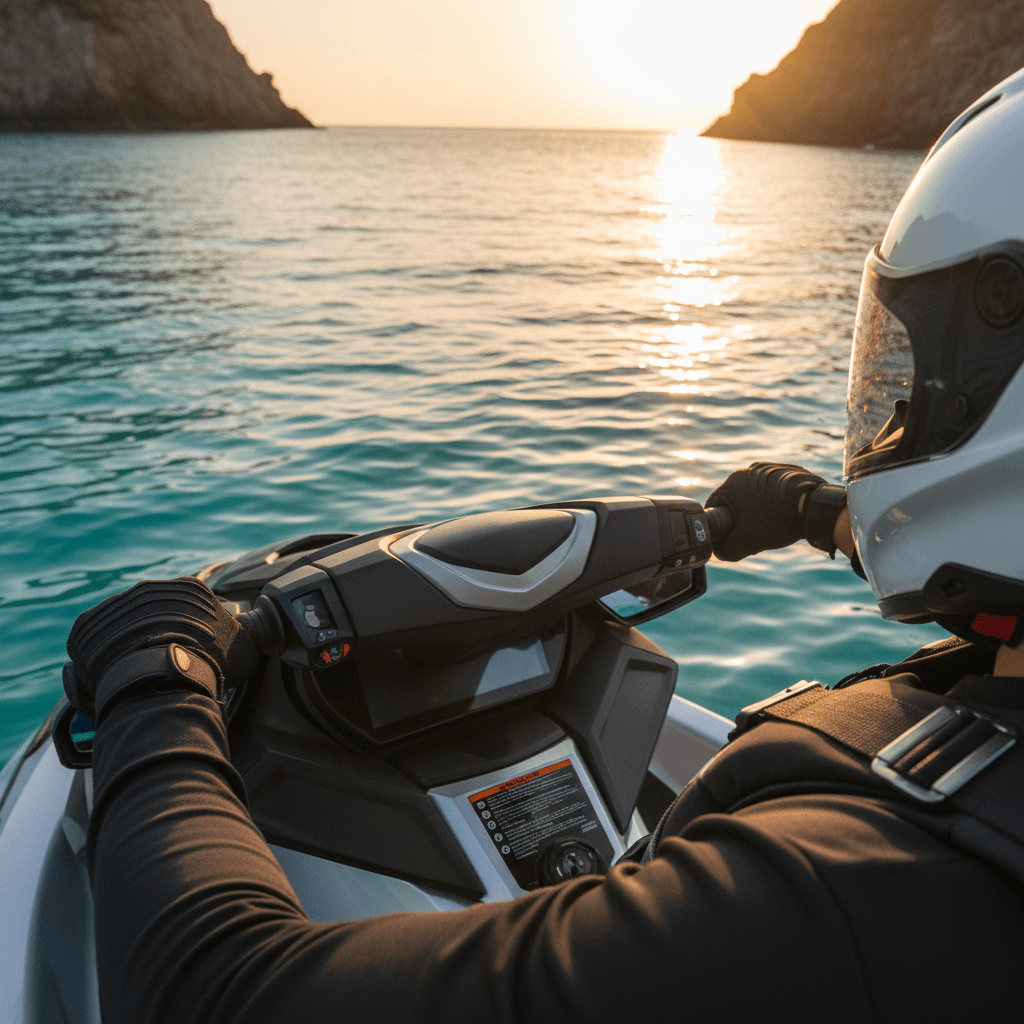 Close-up of jet ski rider's hands on handlebars with professional safety gear and turquoise Mediterranean water
