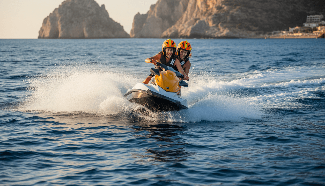 Jet ski moving across bright turquoise water with spray
