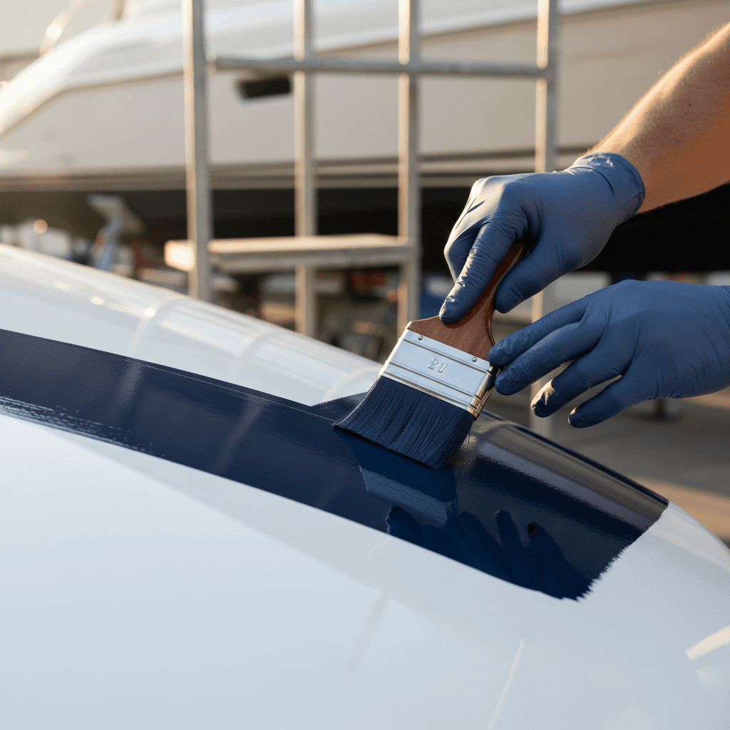 Expert yacht painter's hands applying premium marine paint to white hull with precision brush technique in golden sunlight