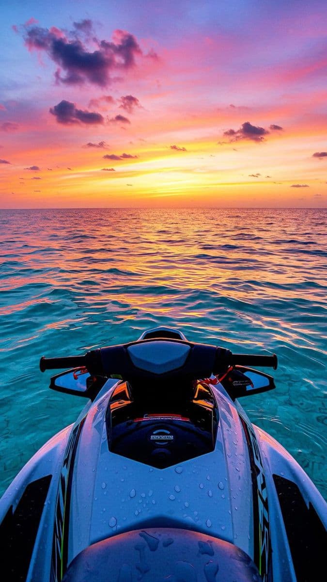 Jet ski handlebars overlooking the ocean under a vibrant pink and orange sunset sky.