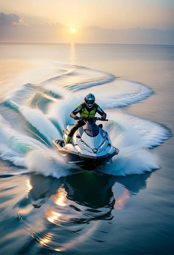 Jet ski rider creates dramatic white water wakes on calm ocean during a golden sunset.